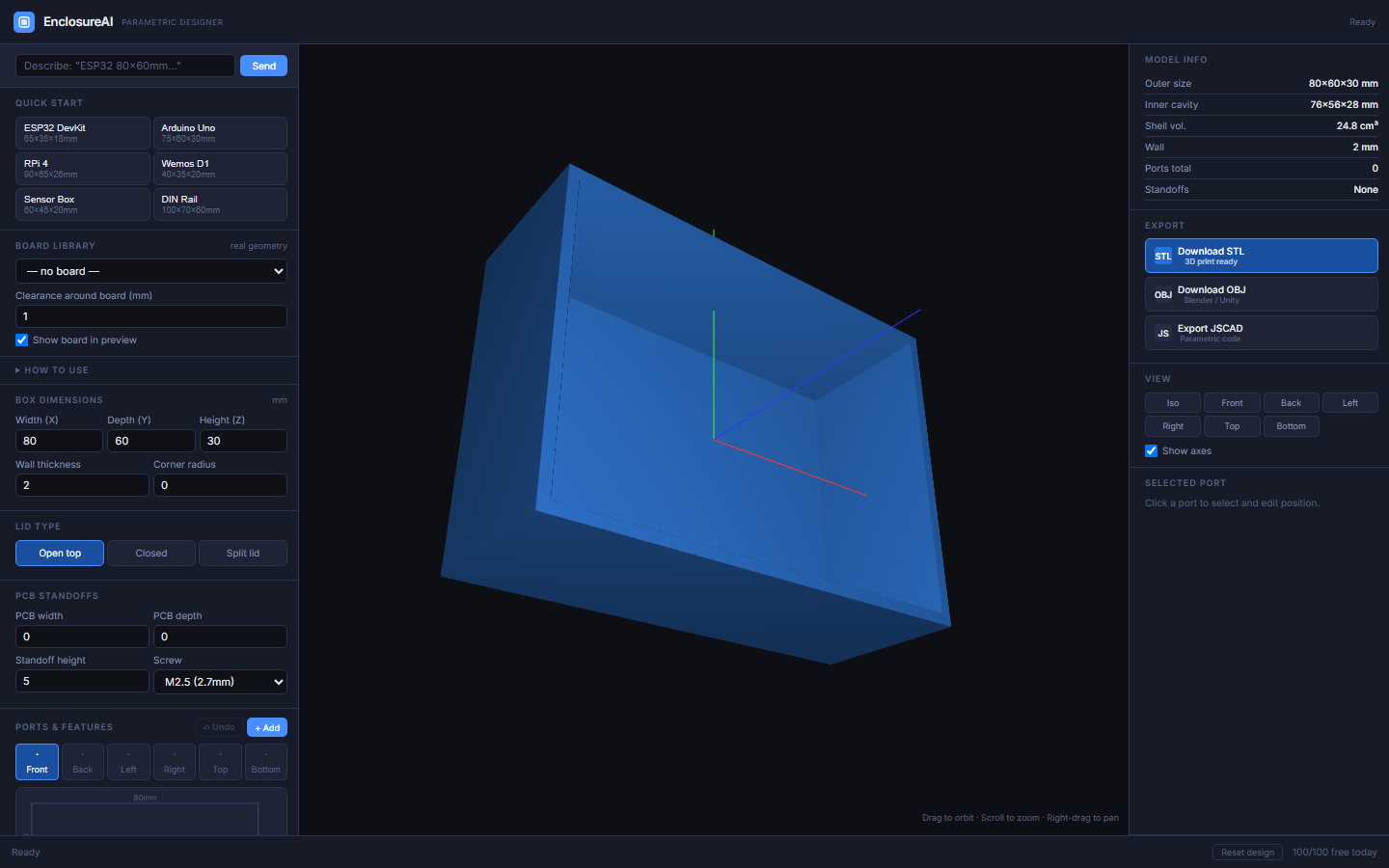 EnclosureAI's initial view: an empty box in the 3D viewer, Quick start templates and the Board library dropdown in the left panel