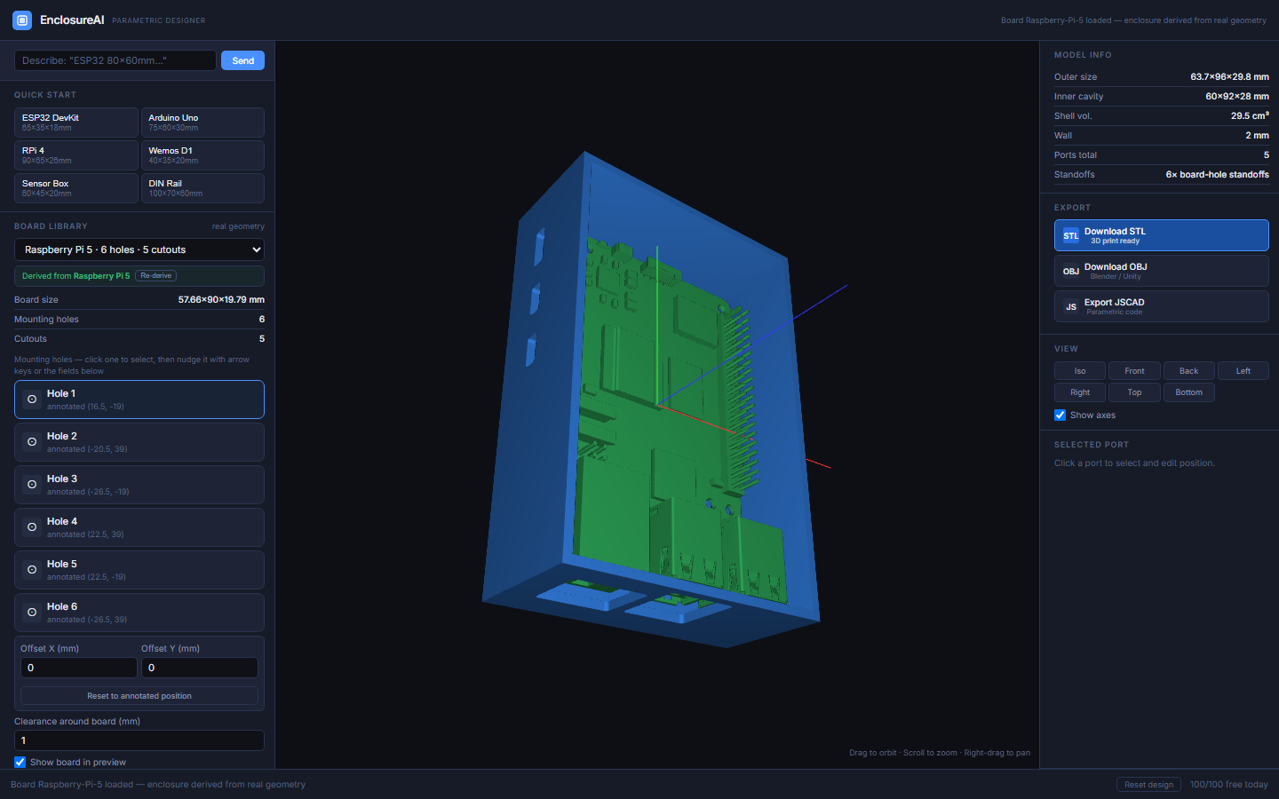 The mounting-hole editor with Hole 1 selected, showing Offset X/Y fields and a Reset button